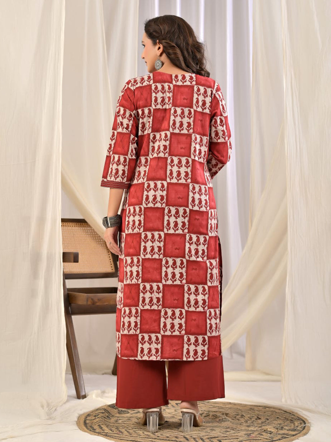 Red Printed Cotton Blend Kurta With Pant &amp; Dupatta