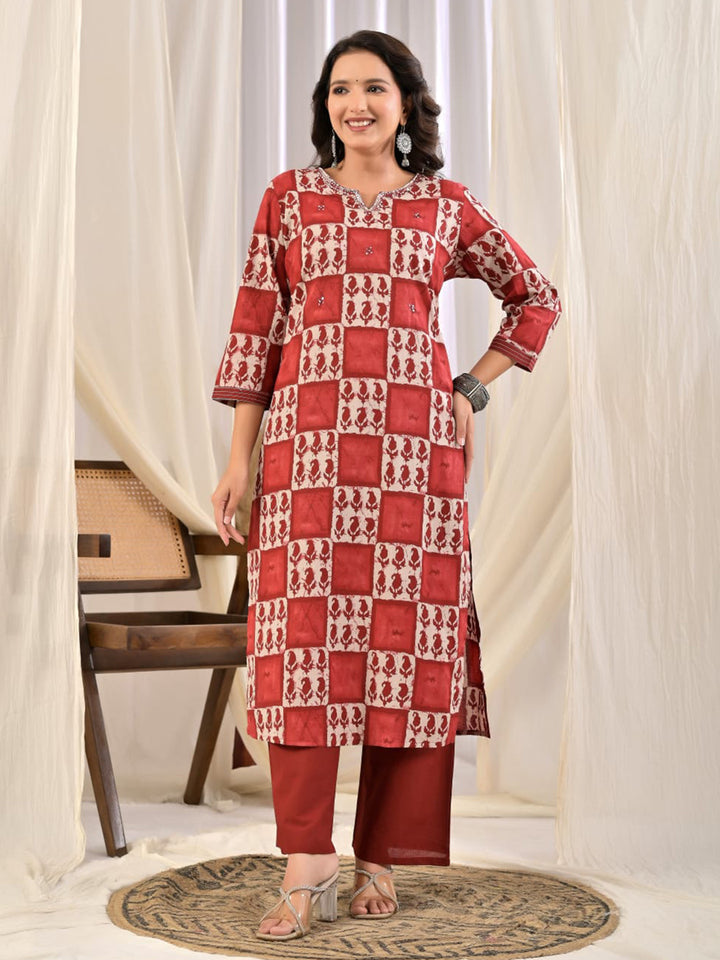 Red Printed Cotton Blend Kurta With Pant &amp; Dupatta