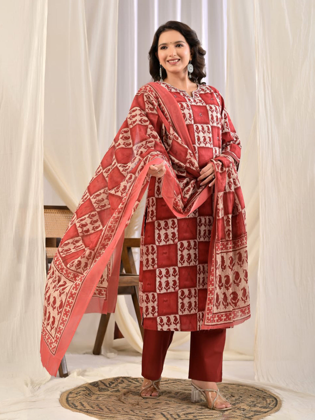 Red Printed Cotton Blend Kurta With Pant &amp; Dupatta