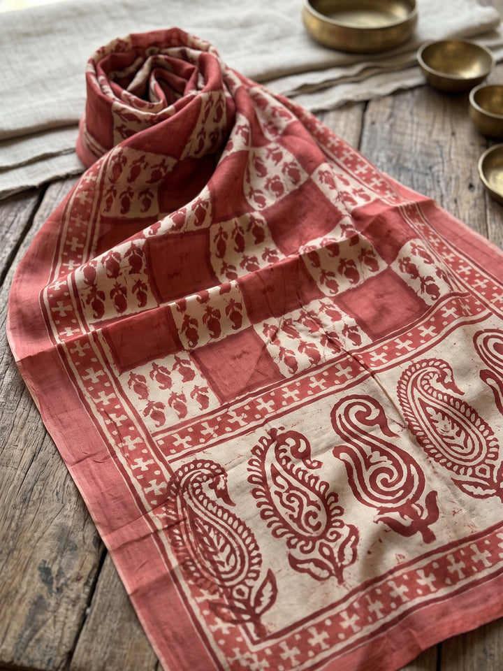 Red Printed Cotton Blend Kurta With Pant &amp; Dupatta