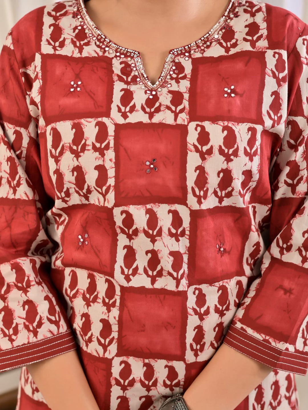 Red Printed Cotton Blend Kurta With Pant &amp; Dupatta