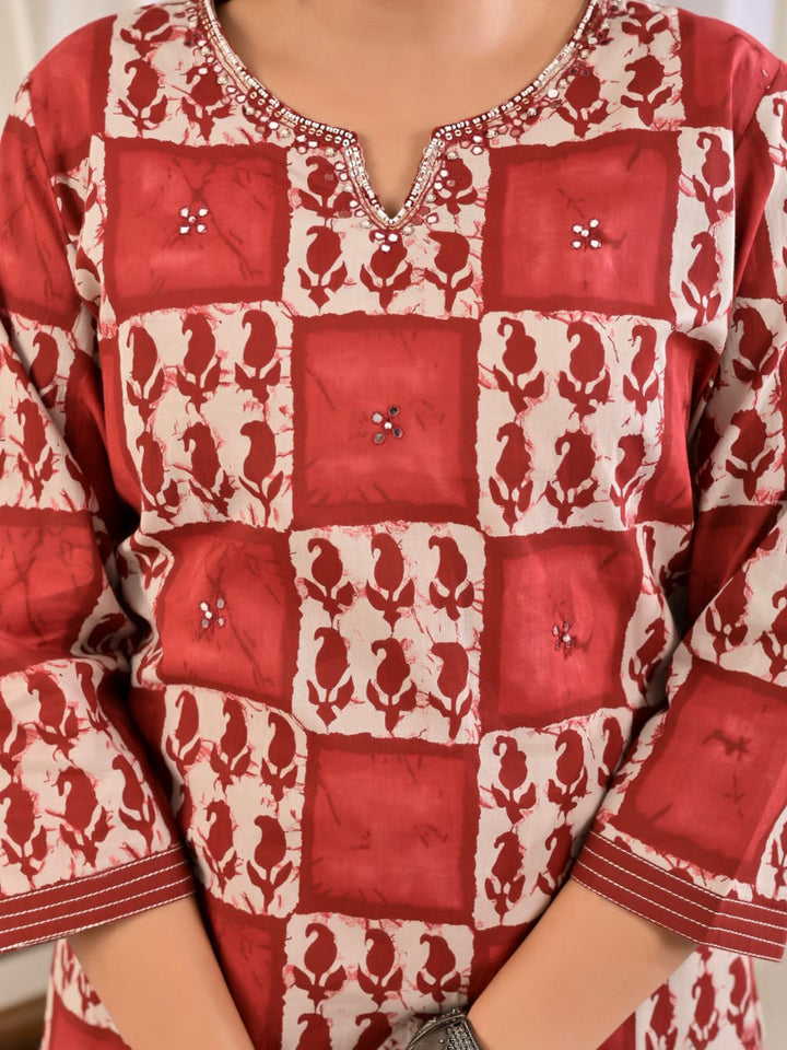 Red Printed Cotton Blend Kurta With Pant &amp; Dupatta