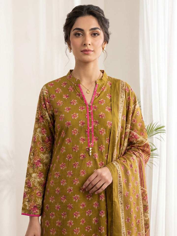 Mustard Printed Cotton Blend Kurta With Pant &amp; Dupatta