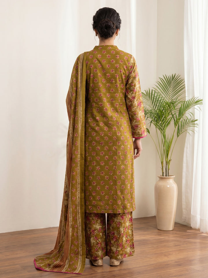 Mustard Printed Cotton Blend Kurta With Pant &amp; Dupatta