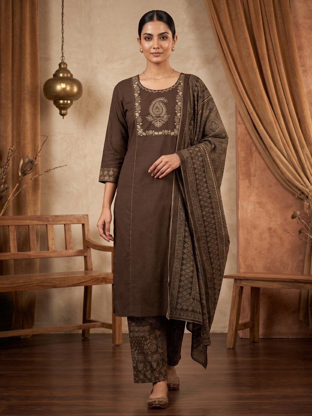 Brown Printed Cotton Blend Kurta With Pant &amp; Dupatta