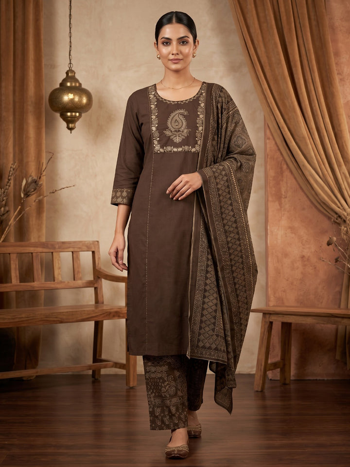 Brown Printed Cotton Blend Kurta With Pant &amp; Dupatta