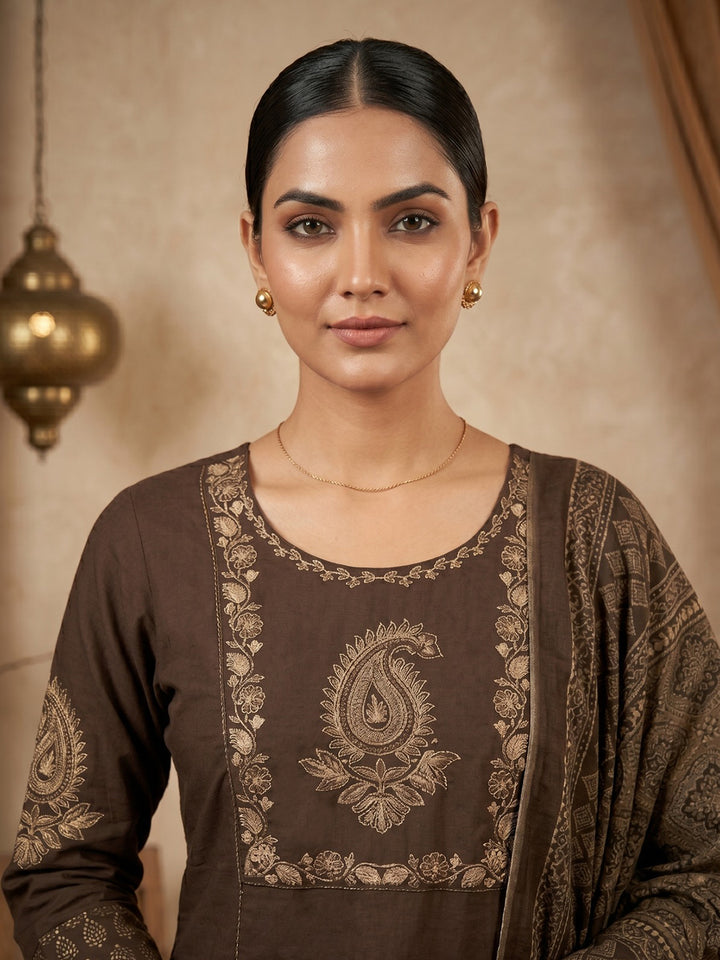 Brown Printed Cotton Blend Kurta With Pant &amp; Dupatta