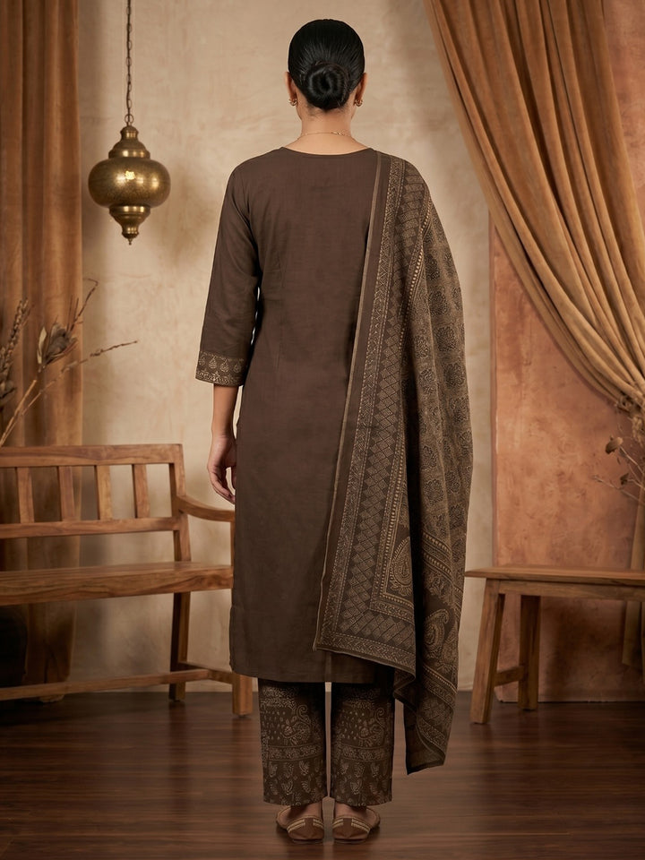 Brown Printed Cotton Blend Kurta With Pant &amp; Dupatta