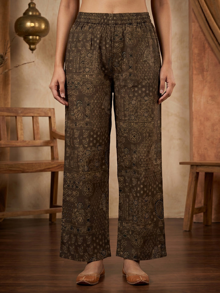 Brown Printed Cotton Blend Kurta With Pant &amp; Dupatta