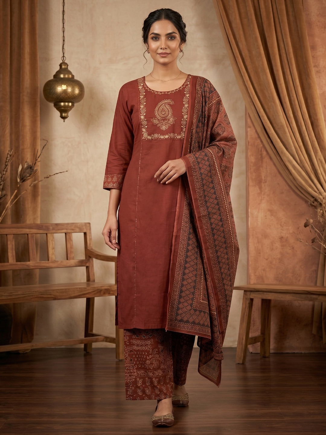 Red Printed Cotton Blend Kurta With Pant &amp; Dupatta