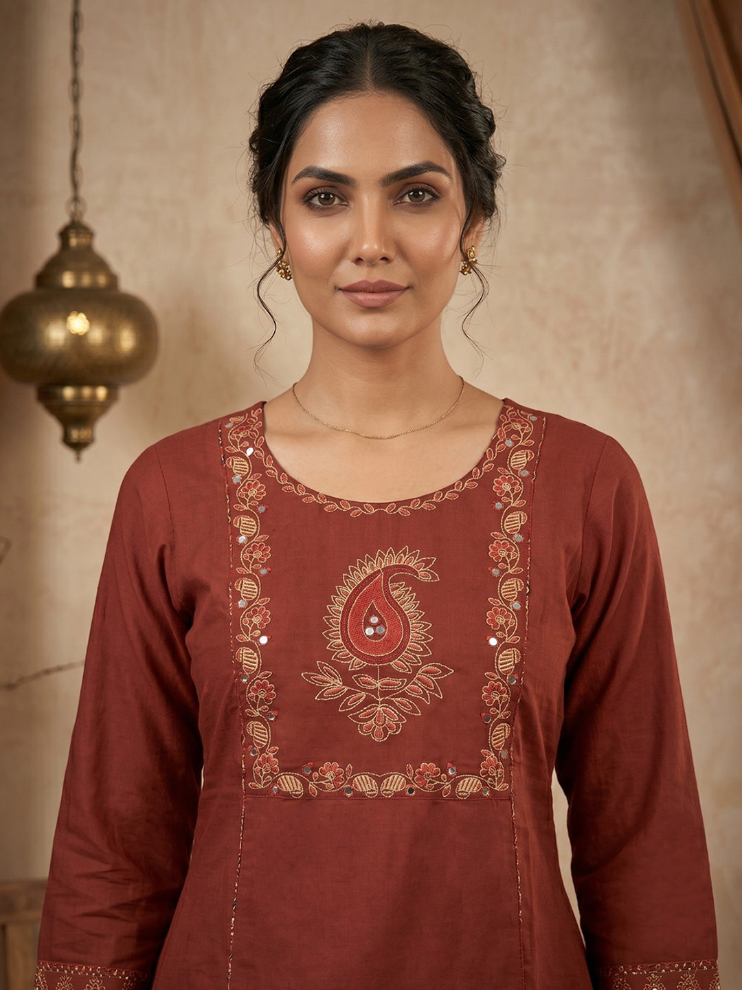 Red Printed Cotton Blend Kurta With Pant &amp; Dupatta