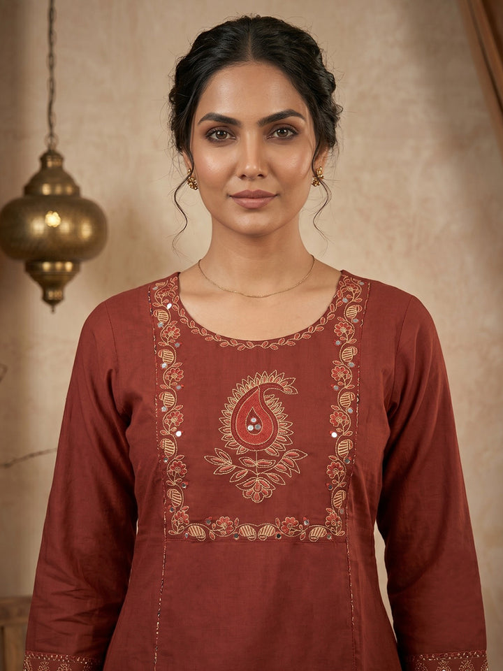 Red Printed Cotton Blend Kurta With Pant &amp; Dupatta