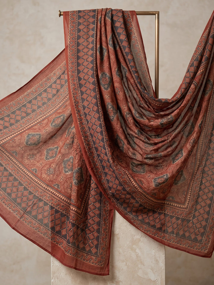 Red Printed Cotton Blend Kurta With Pant &amp; Dupatta