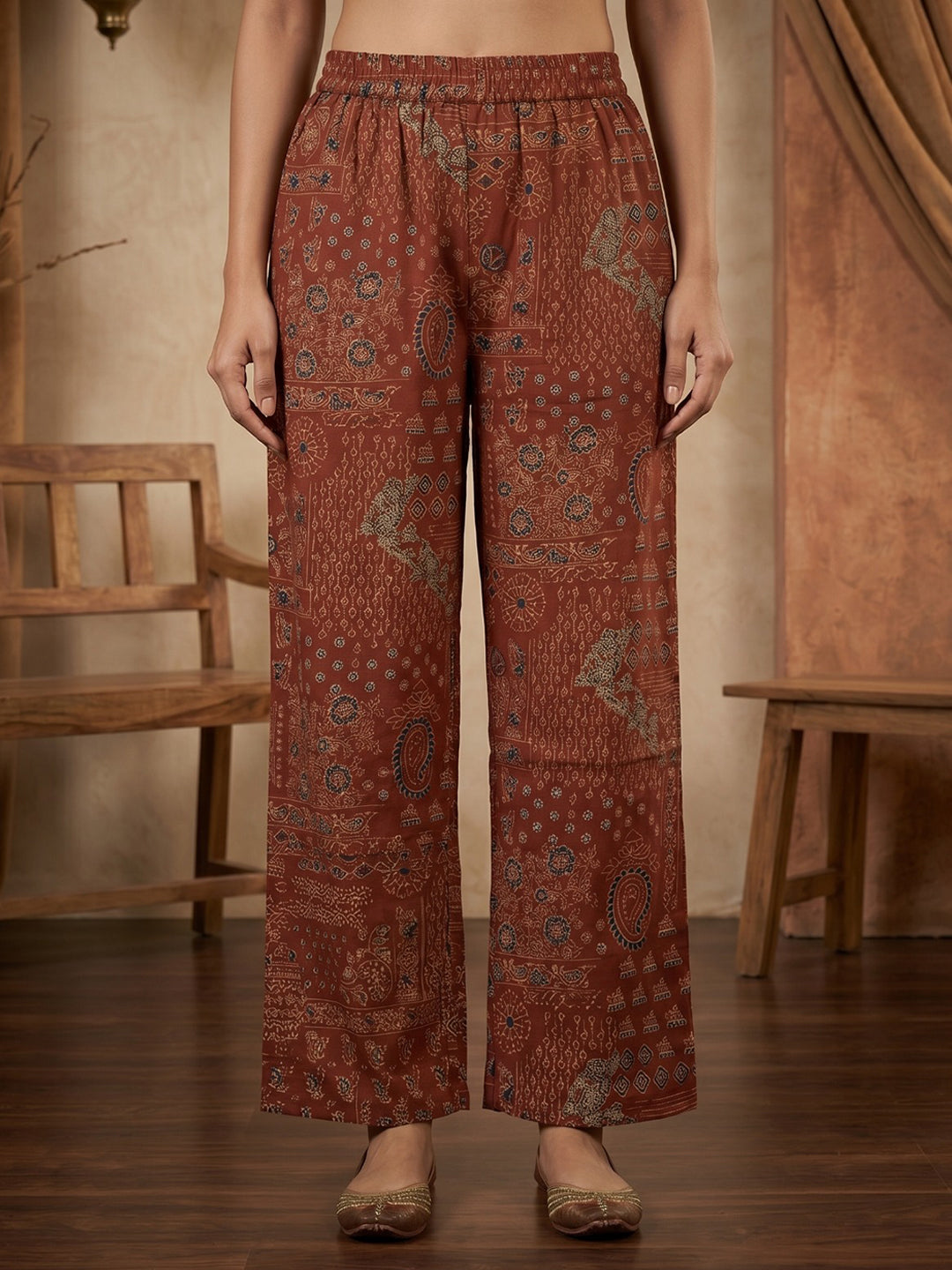 Red Printed Cotton Blend Kurta With Pant &amp; Dupatta