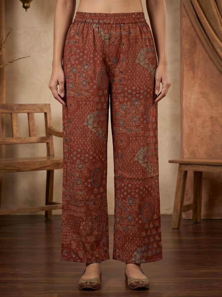 Red Printed Cotton Blend Kurta With Pant &amp; Dupatta