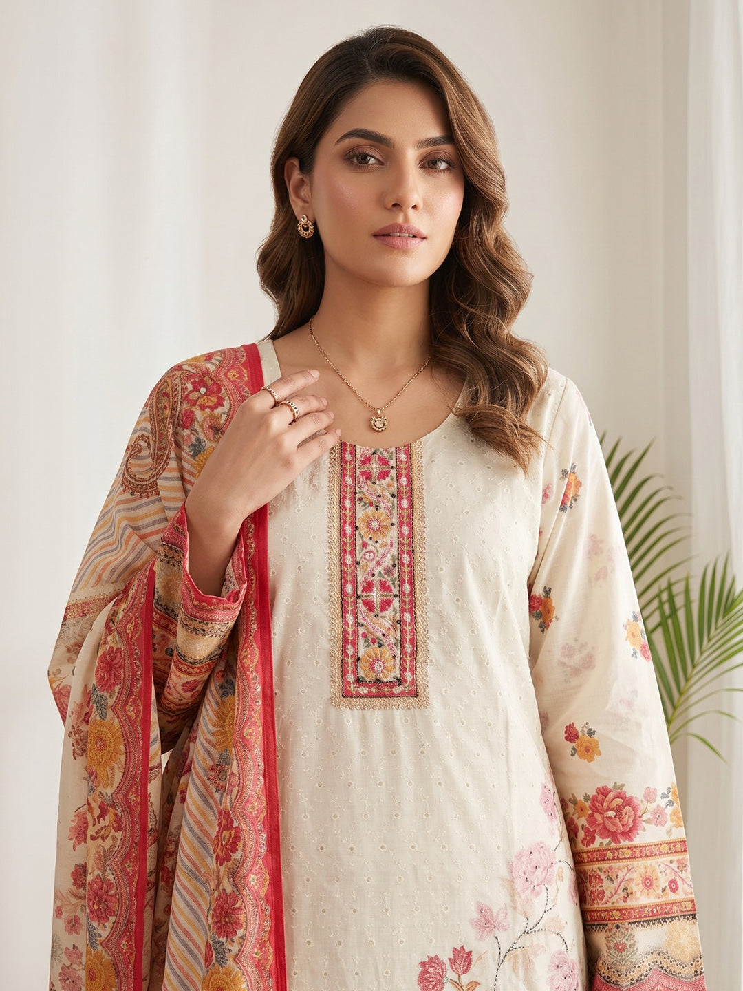 Pink Printed Cotton Blend Kurta With Pant &amp; Dupatta