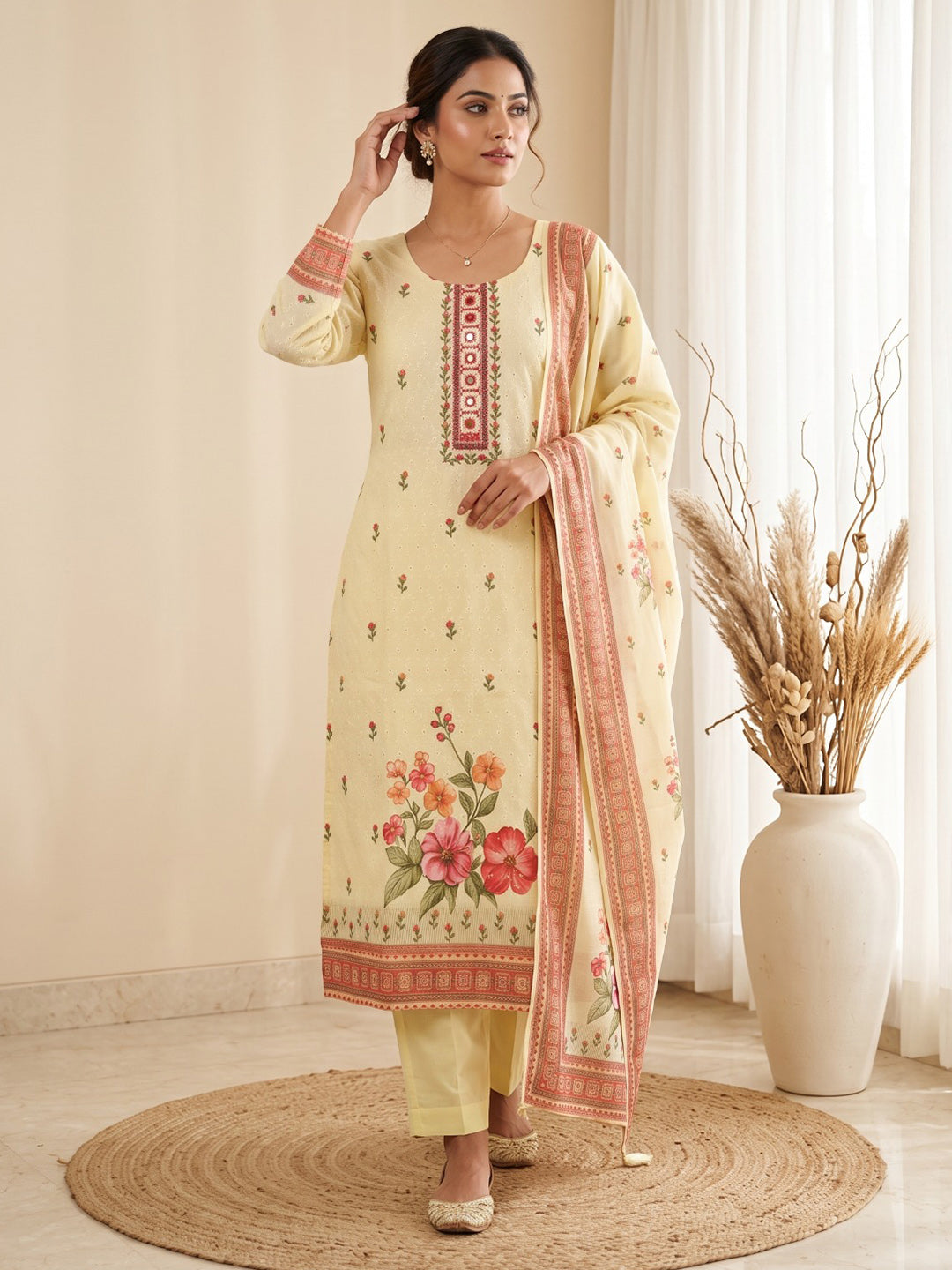 Yellow Printed Cotton Blend Kurta With Pant &amp; Dupatta
