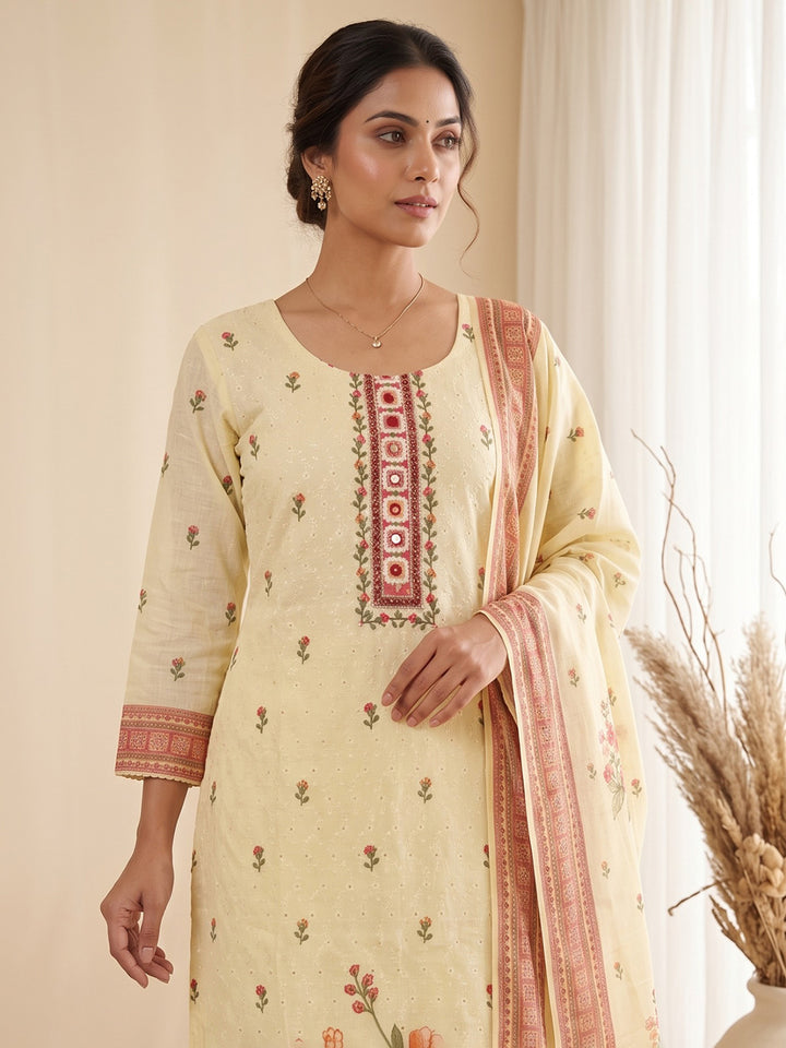Yellow Printed Cotton Blend Kurta With Pant &amp; Dupatta