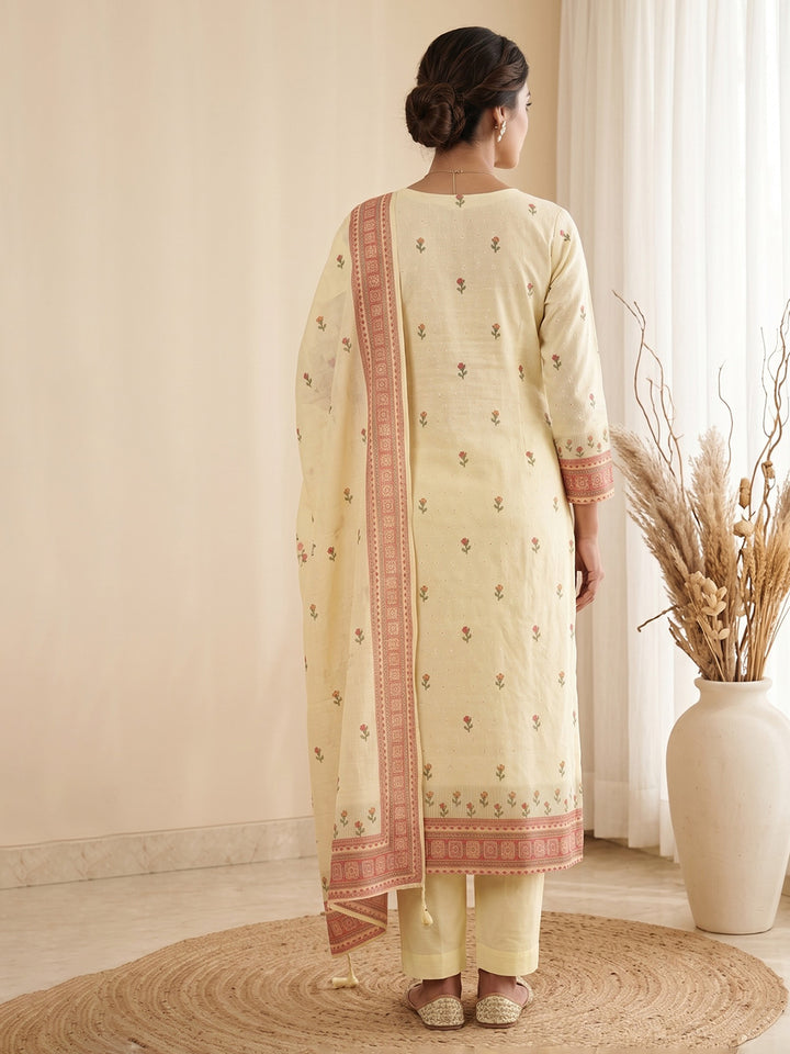 Yellow Printed Cotton Blend Kurta With Pant &amp; Dupatta