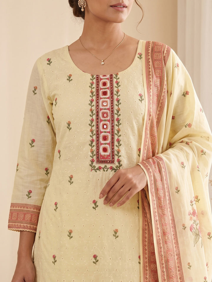 Yellow Printed Cotton Blend Kurta With Pant &amp; Dupatta