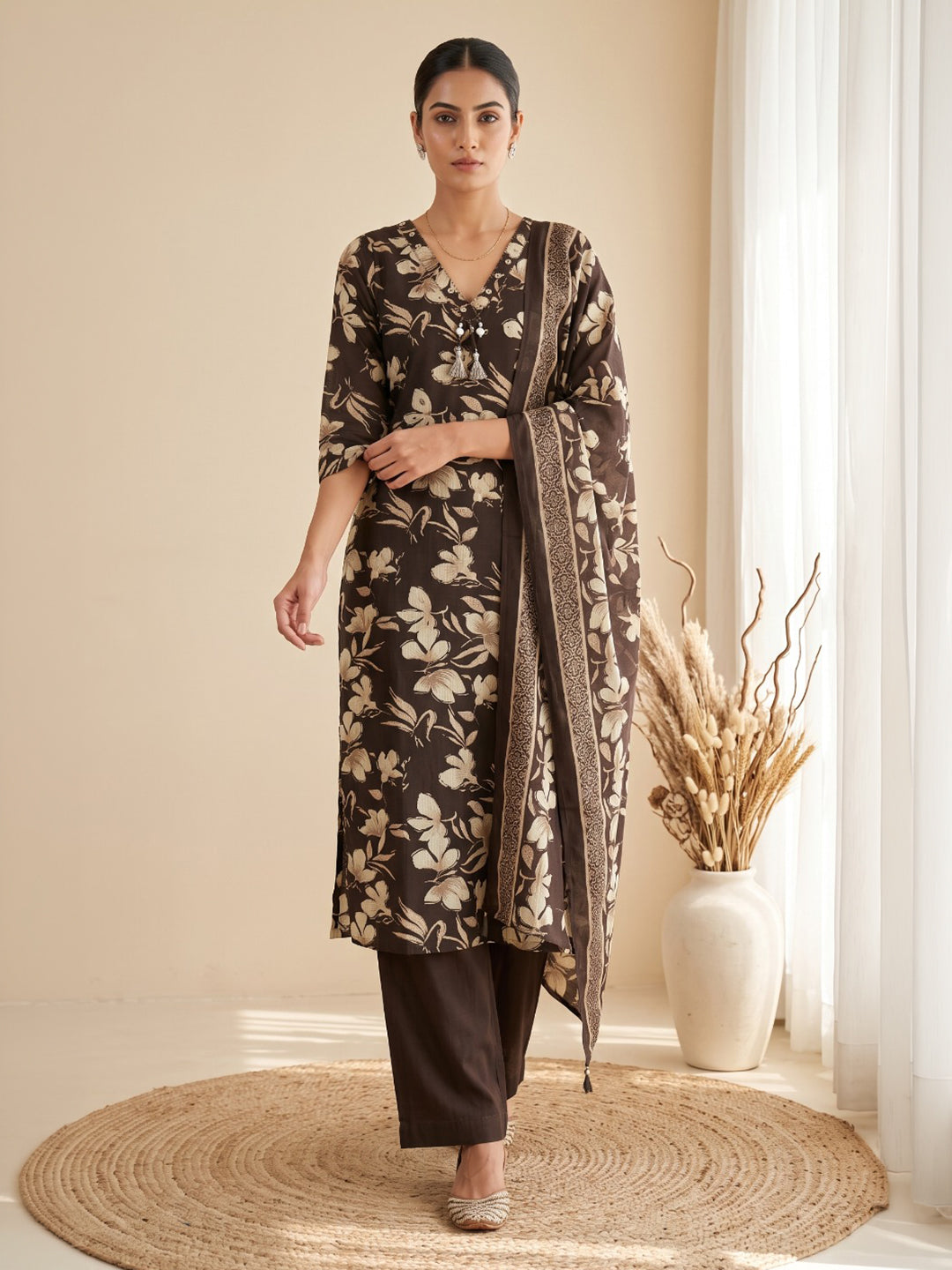 Brown Printed Kurta With Pant &amp; Dupatta