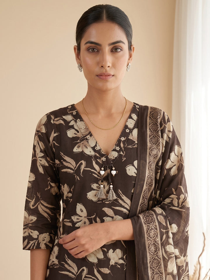Brown Printed Kurta With Pant &amp; Dupatta