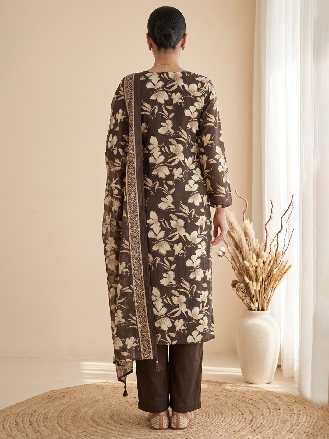 Brown Printed Kurta With Pant &amp; Dupatta