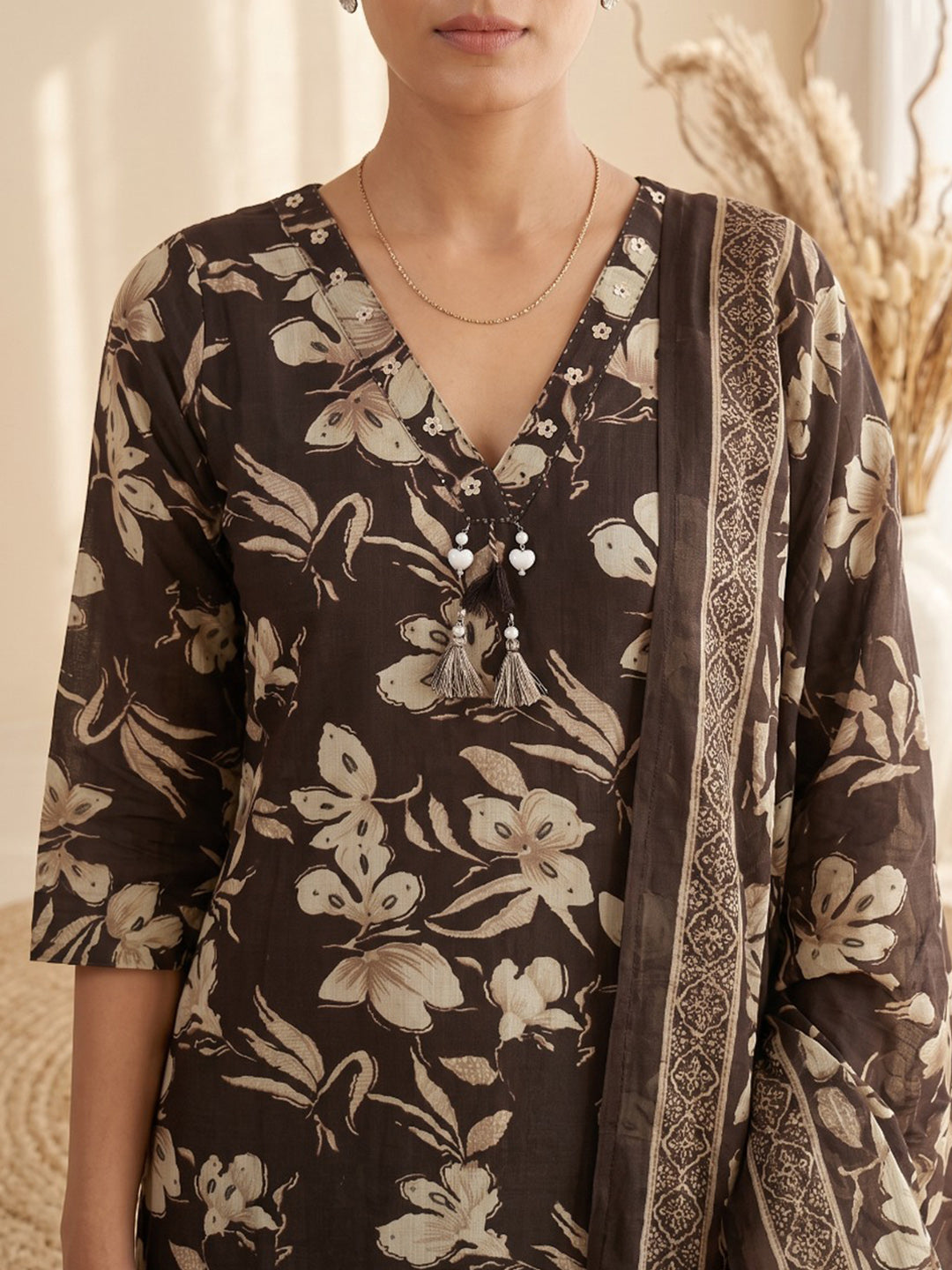 Brown Printed Kurta With Pant &amp; Dupatta