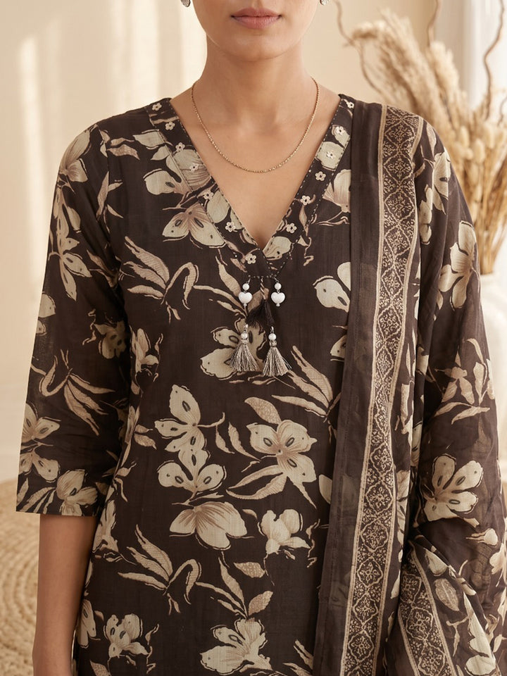 Brown Printed Kurta With Pant &amp; Dupatta
