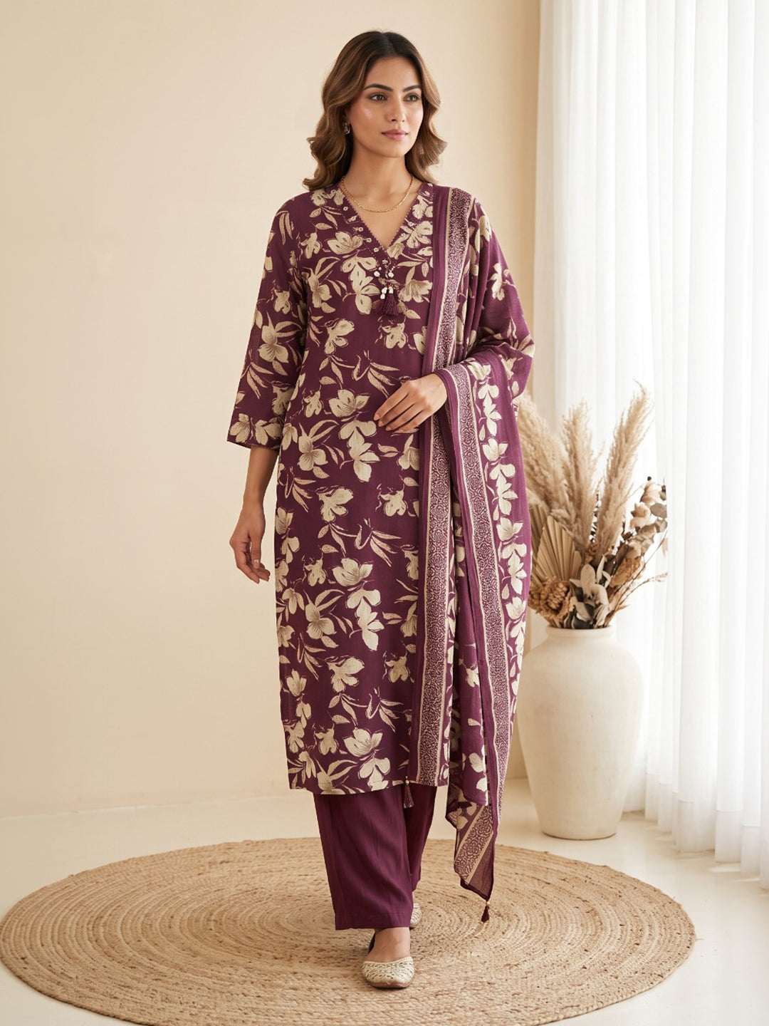 Wine Printed Kurta With Pant &amp; Dupatta