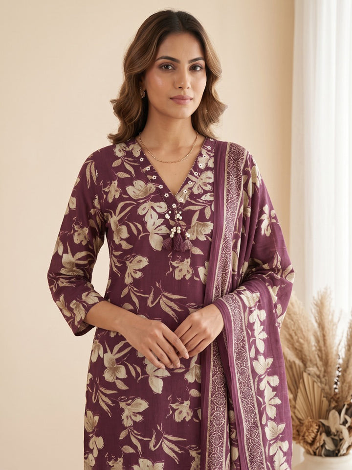 Wine Printed Kurta With Pant &amp; Dupatta