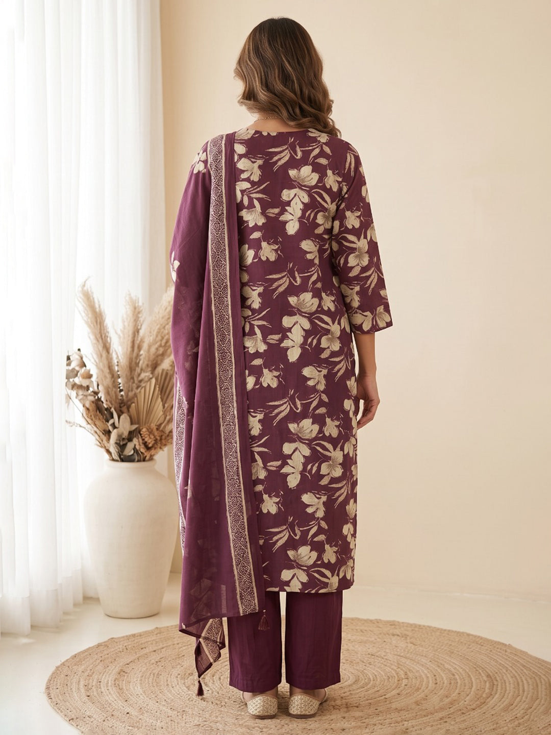 Wine Printed Kurta With Pant &amp; Dupatta