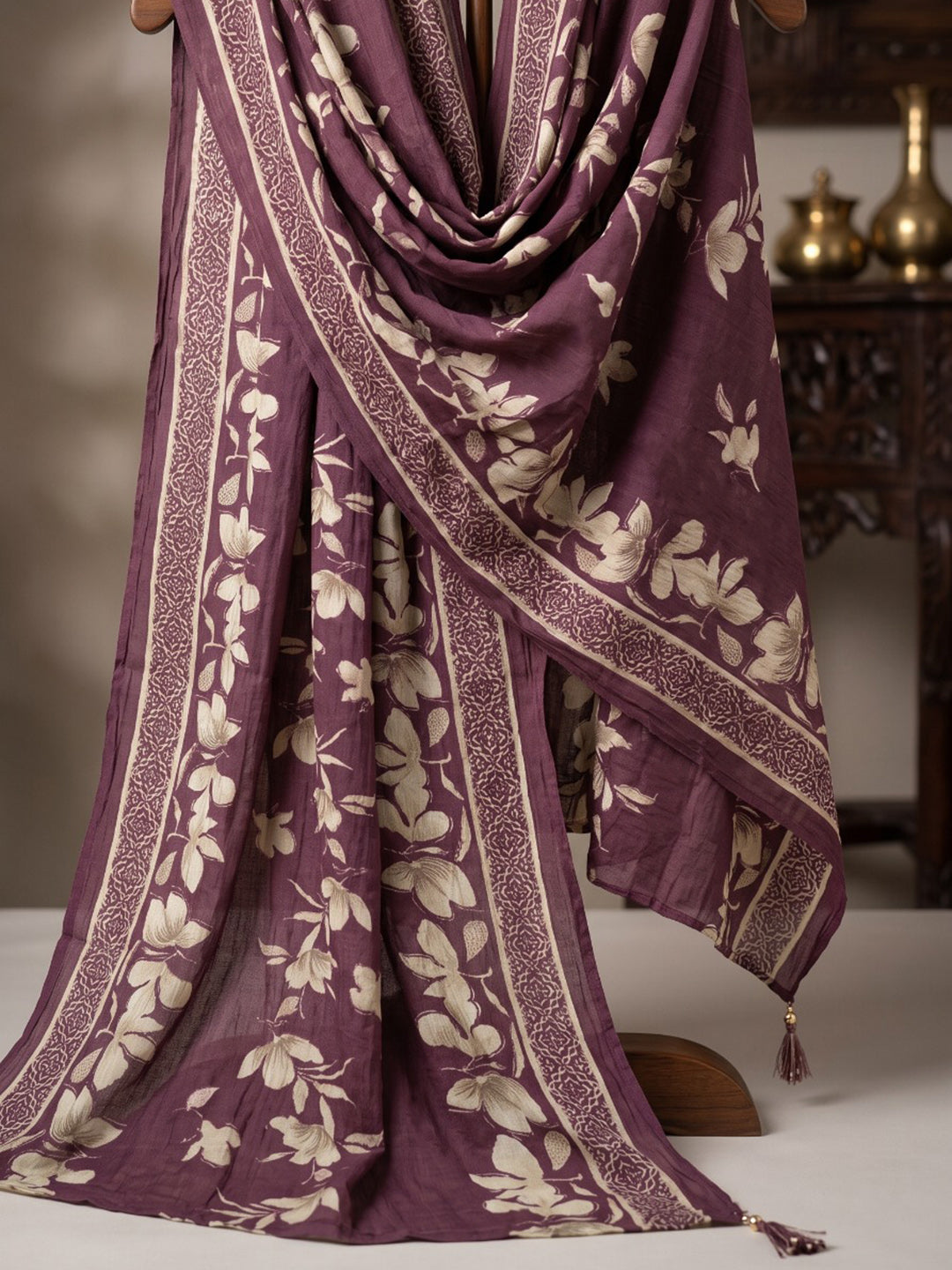 Wine Printed Kurta With Pant &amp; Dupatta