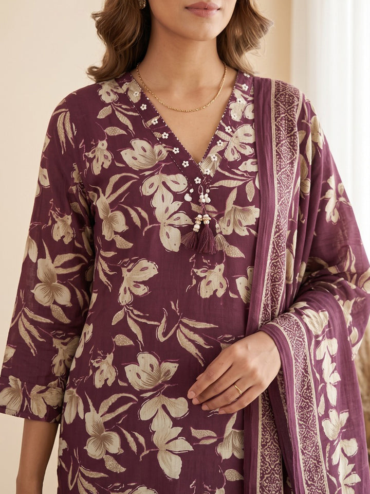 Wine Printed Kurta With Pant &amp; Dupatta