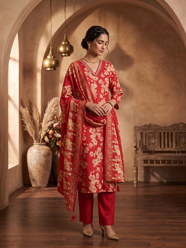 Red Printed Kurta With Pant &amp; Dupatta