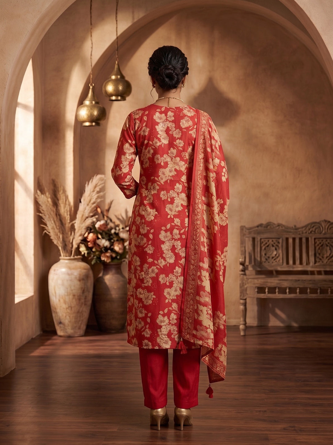 Red Printed Kurta With Pant &amp; Dupatta