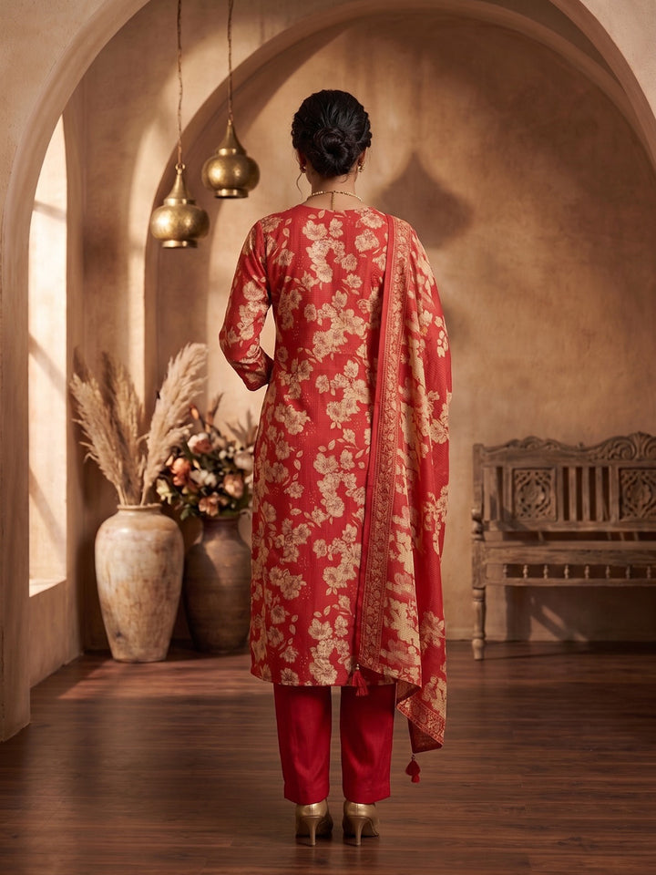Red Printed Kurta With Pant &amp; Dupatta