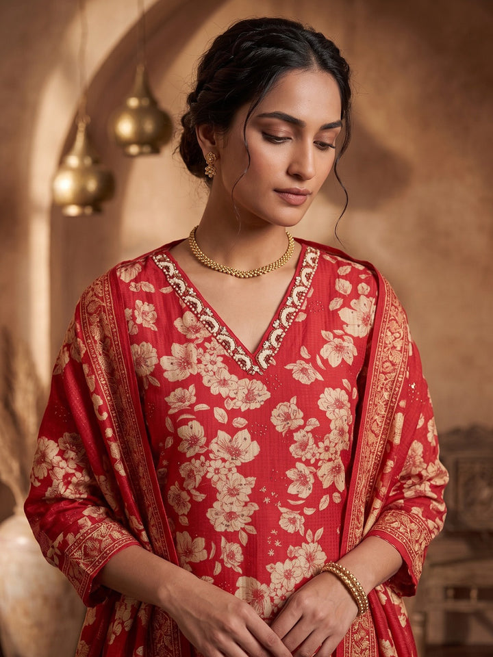 Red Printed Kurta With Pant &amp; Dupatta