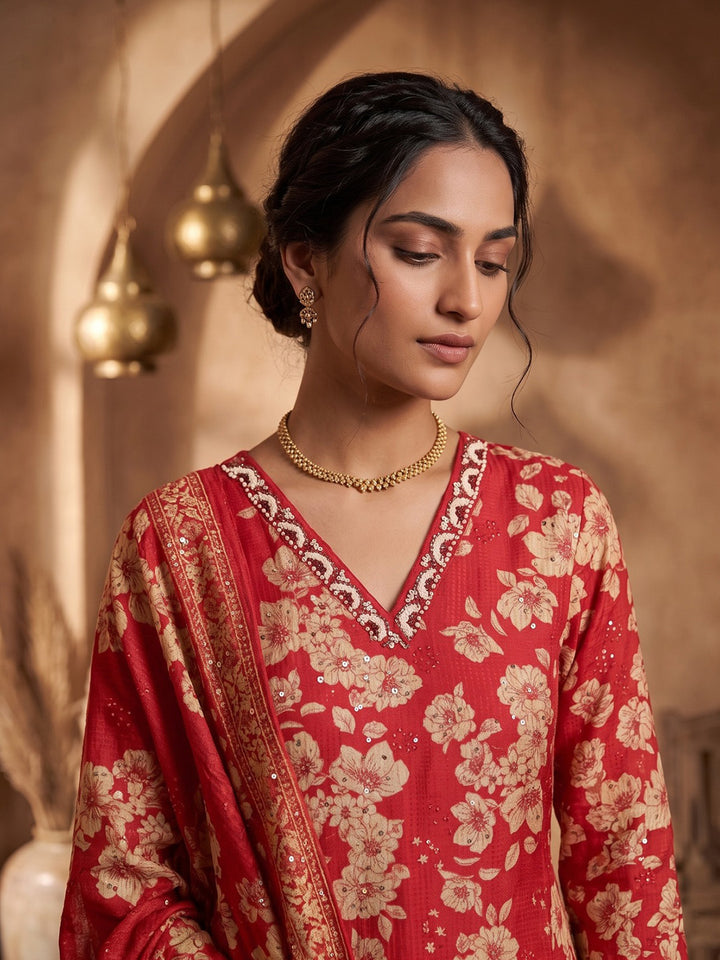 Red Printed Kurta With Pant &amp; Dupatta