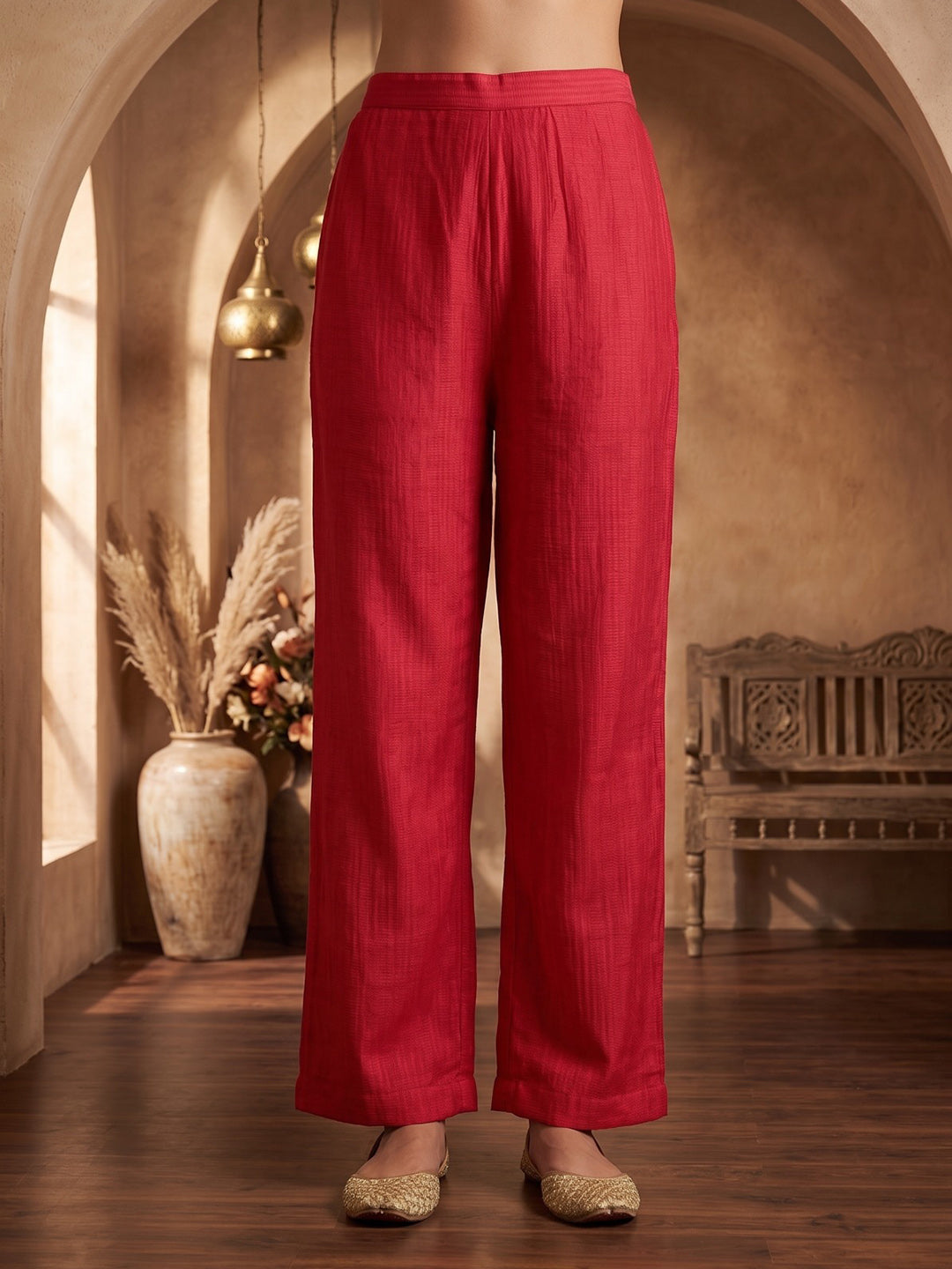 Red Printed Kurta With Pant &amp; Dupatta