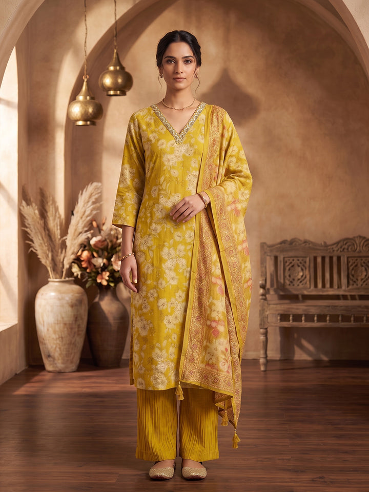 Yellow Printed Kurta With Pant &amp; Dupatta
