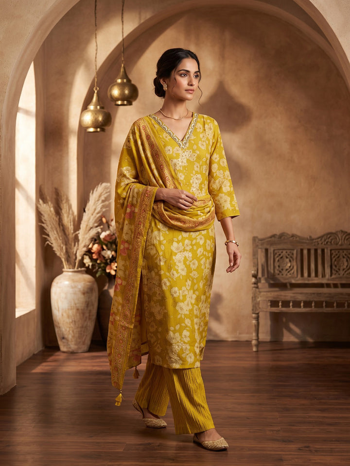 Yellow Printed Kurta With Pant &amp; Dupatta