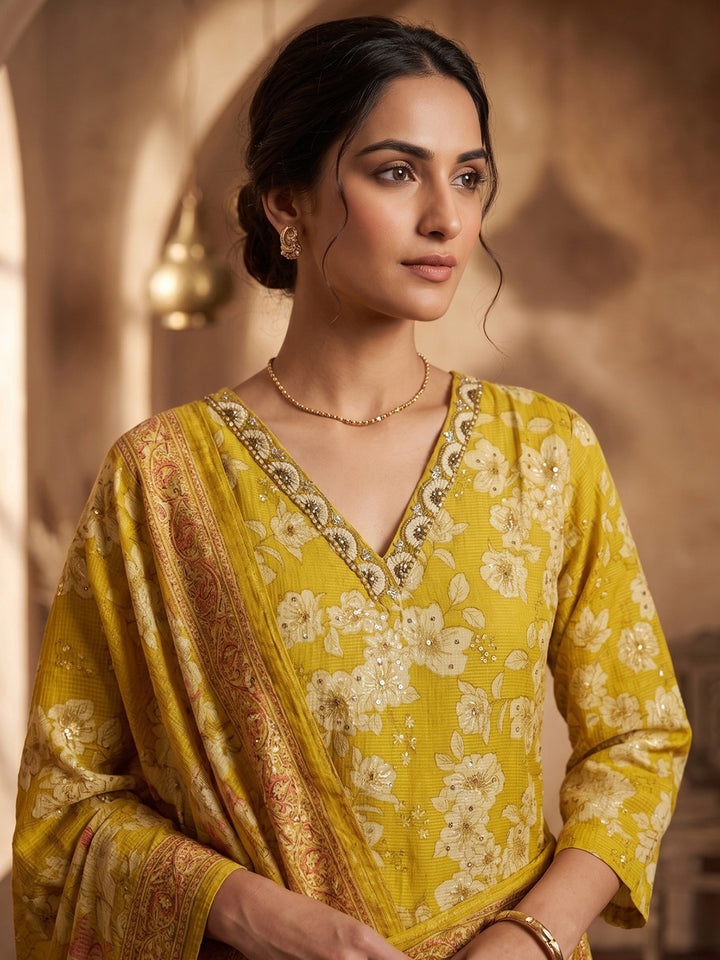 Yellow Printed Kurta With Pant &amp; Dupatta