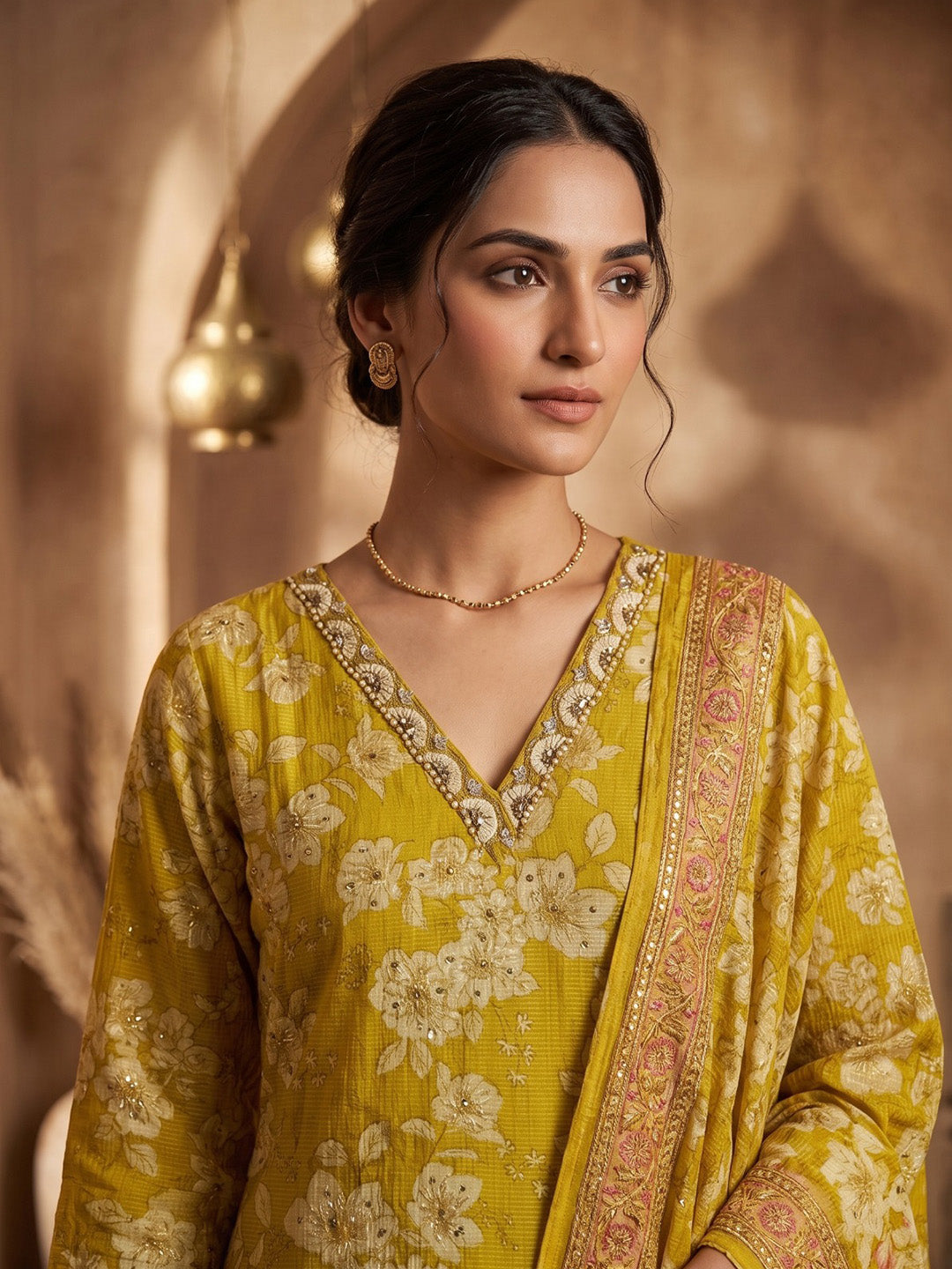 Yellow Printed Kurta With Pant &amp; Dupatta
