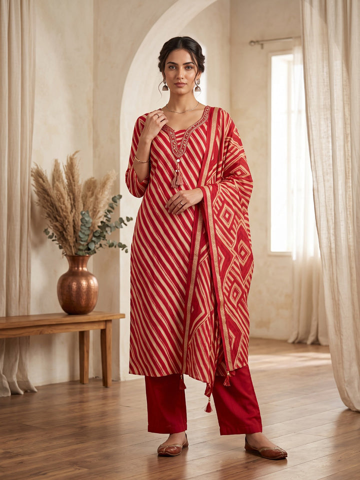Rust Printed Kurta With Pant &amp; Dupatta
