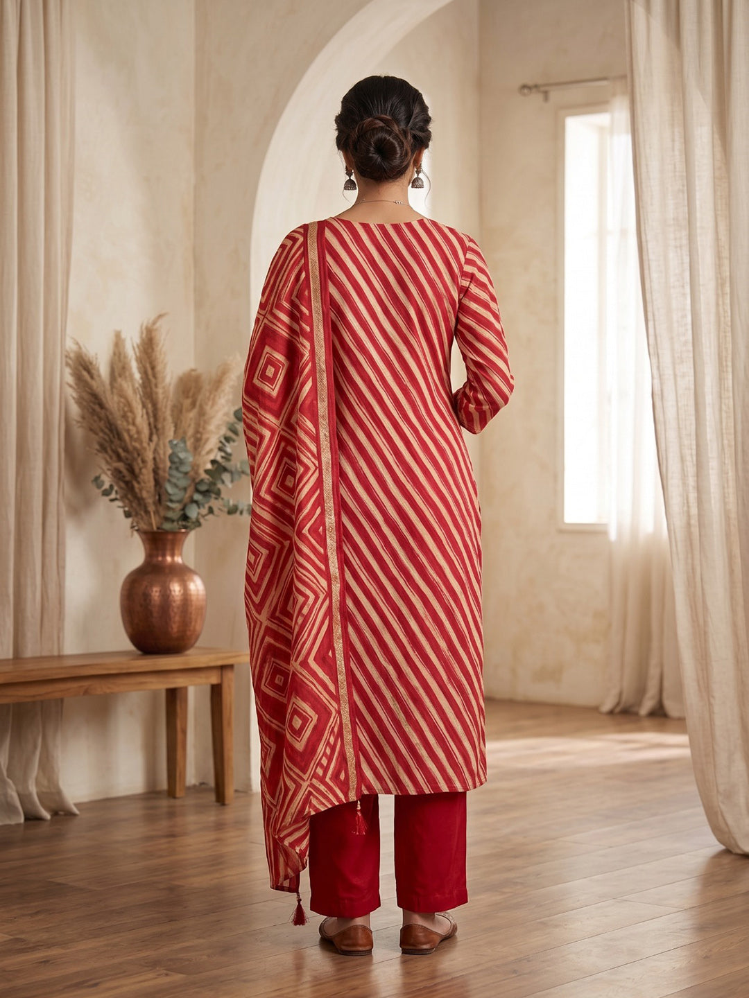Rust Printed Kurta With Pant &amp; Dupatta