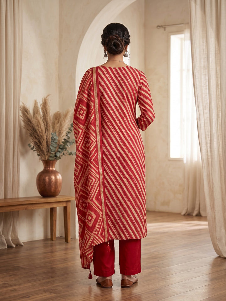 Rust Printed Kurta With Pant &amp; Dupatta