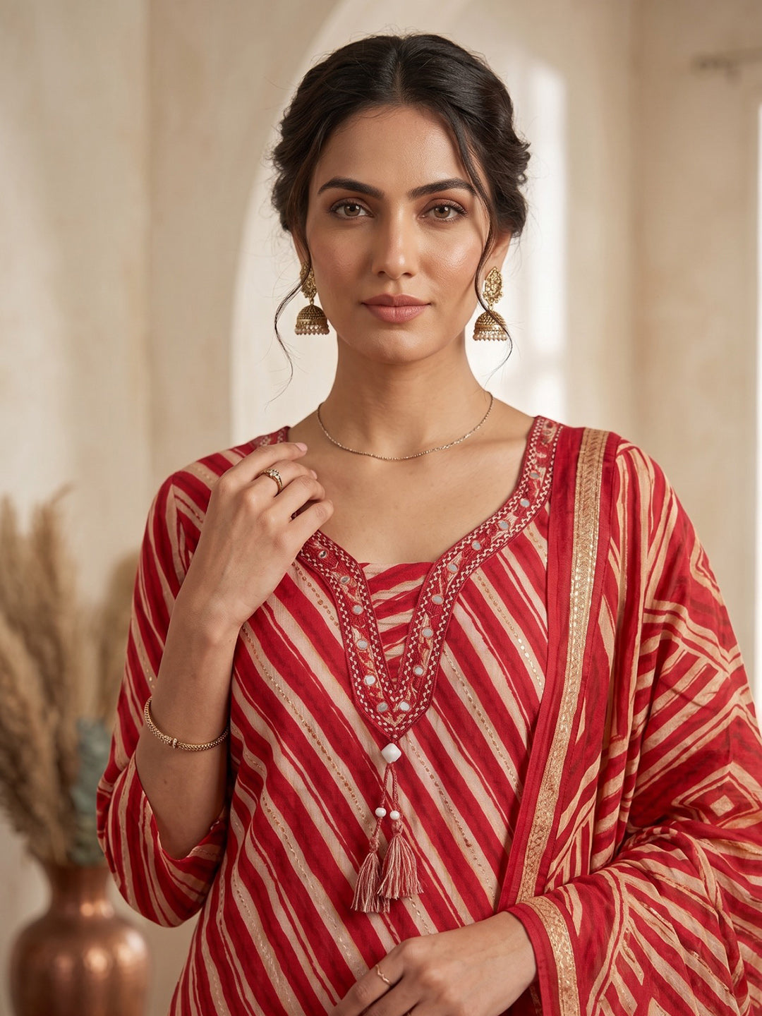 Rust Printed Kurta With Pant &amp; Dupatta