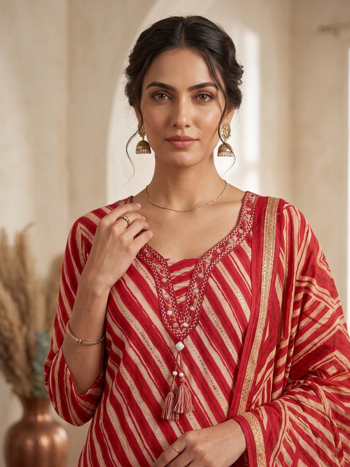 Rust Printed Kurta With Pant &amp; Dupatta