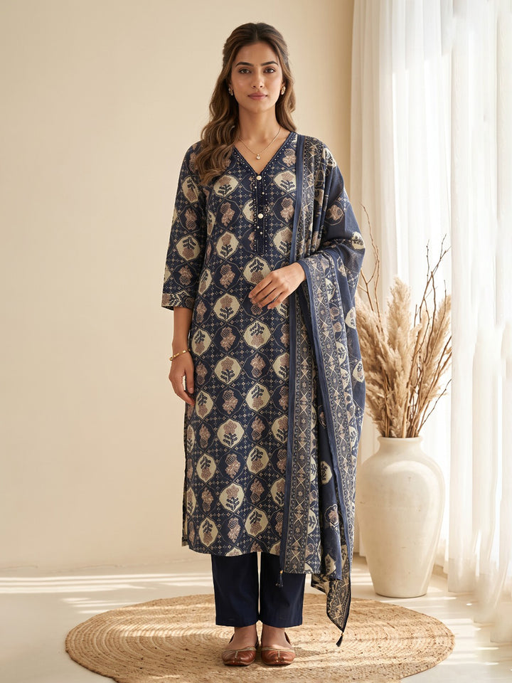 Blue Printed Kurta With Pant &amp; Dupatta